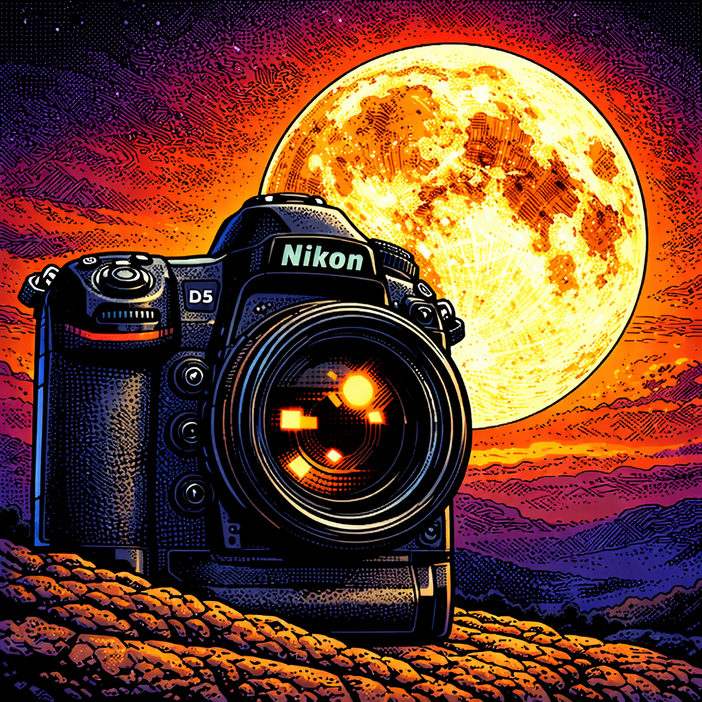 Nikon D5 camera with a large full moon in the background at twilight