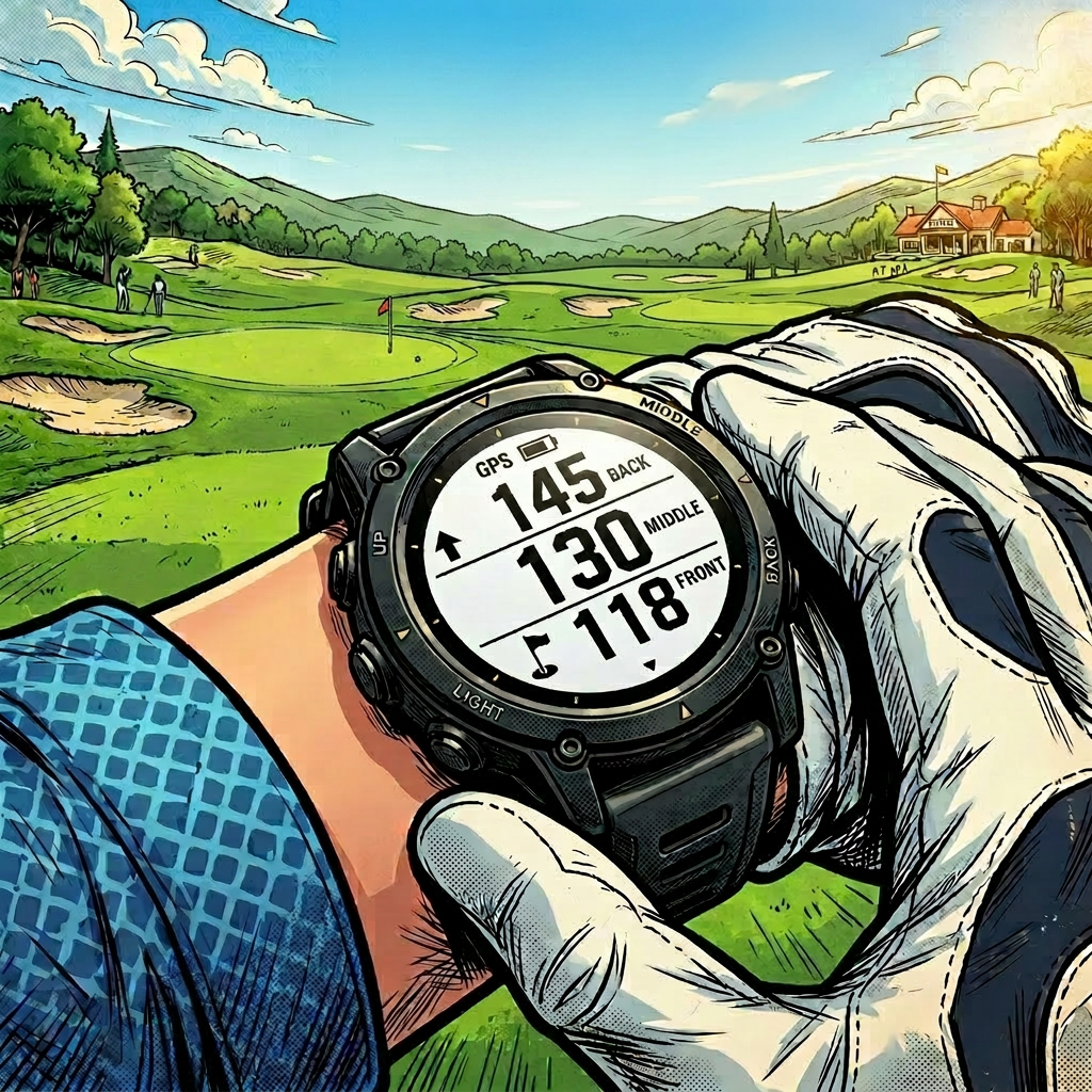 Golf GPS watch displaying hole layout and distances on a golfer's wrist